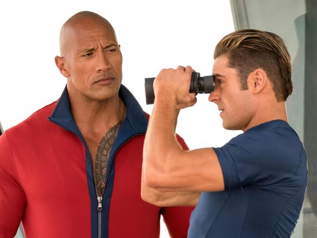 (L-R) Dwayne Johnson as Mitch Buchannon and Zac Efron as Matt Brody in the film BAYWATCH by Paramount Pictures, Montecito Picture Company, FlynnPicture Co., and Fremantle Productions