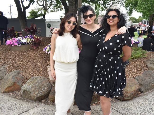 Guests in striking racewear at Penfolds Derby Day at the Flemington Racecourse on Saturday, November 02, 2024: