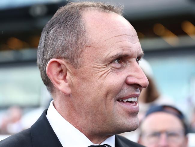 SYDNEY, AUSTRALIA - APRIL 05: Trainer Chris Waller celebrates after Damian Lane riding Aeliana win Race 9 ATC Australian Derby during 
