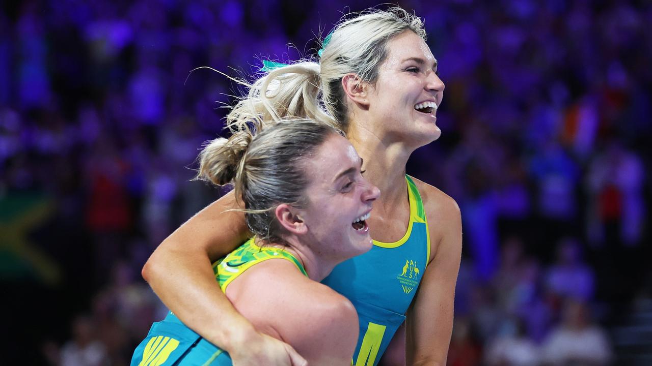 Gretel Bueta and Liz Watson celebrate winning gold in Birmingham. Picture: Matthew Lewis/Getty Images