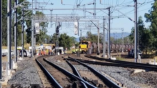 Emergency services at the scene of a train collision at Westwood, west of Rockhampton, on June 18, 2021.