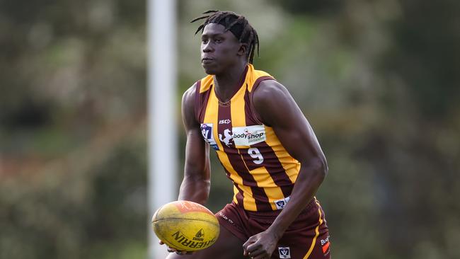 Chankuoth Jiath had eight disposals in his return from a calf injury via the VFL last weekend. Mitchell says he is back in selection calculations for Friday night. Picture: Brendan Beckett