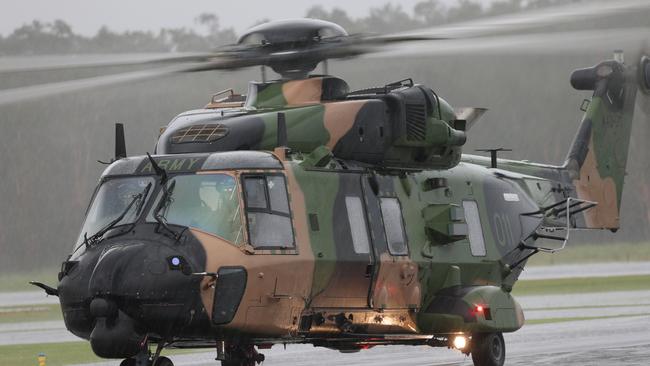 An Australian Army MRH-90 Taipan helicopter from the School of Army Aviation prepares to take off from Ballina airport in New South Wales, as part of Operation Flood Assist 2022. Photo: Bradley Richardson.