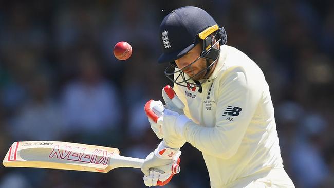 Mark Stoneman is hit on the helmet by a bouncer during the third Test at the WACA. Picture: Getty Images