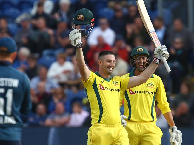 Australia's Shaun Marsh celebrates after reaching his century. Picture: AFP