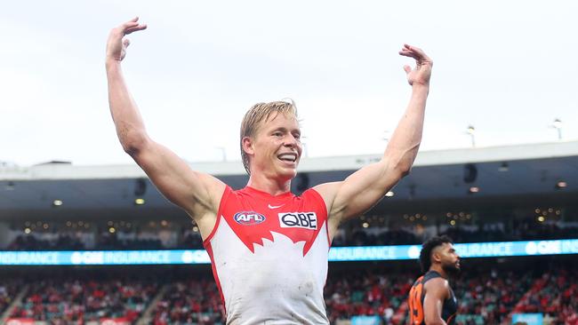 SYDNEY, AUSTRALIA - MAY 04: Isaac Heeney of the Swans celebrates kicking a goal during the round eight AFL match between Sydney Swans and Greater Western Sydney Giants at SCG, on May 04, 2024, in Sydney, Australia. (Photo by Mark Metcalfe/AFL Photos/via Getty Images )