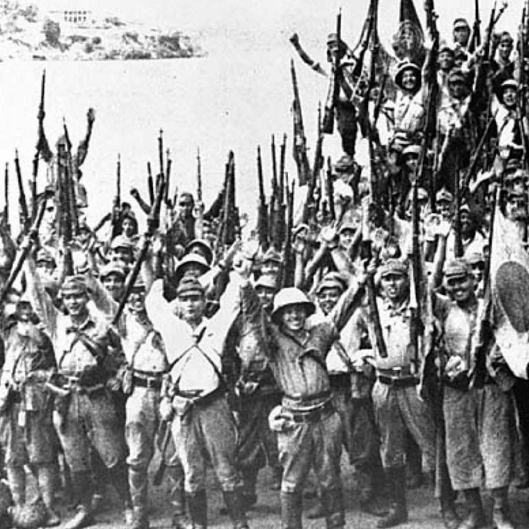 Victorious and cruel … Japanese troops celebrate the fall of Singapore, where Vivian and her fellow nurses were stationed. The murderous brutality shown by many of the enemy towards captured Allies and civilians was notorious.