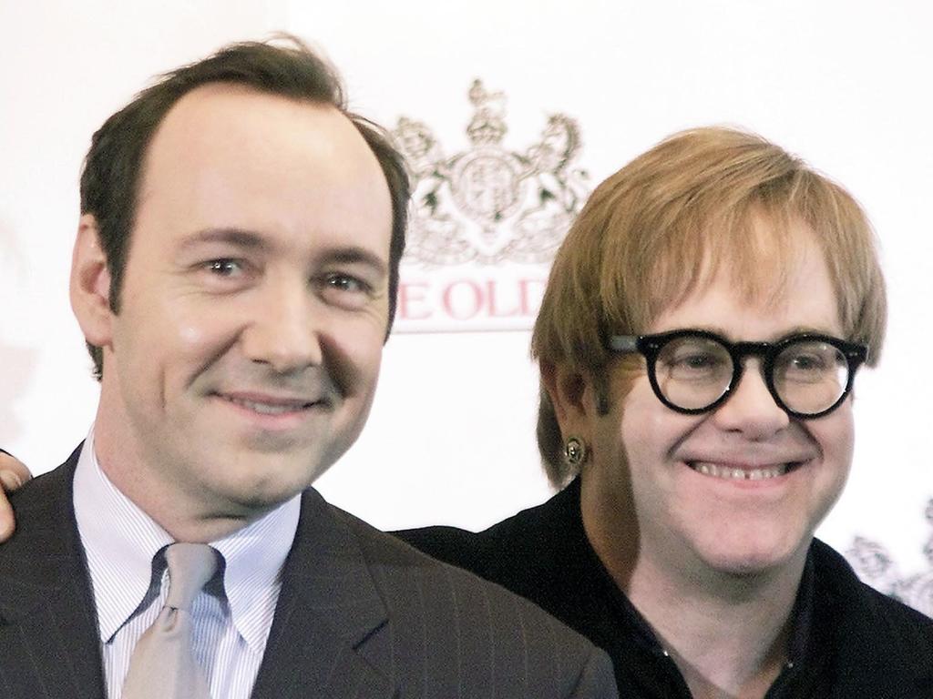 Kevin Spacey in 2003 with Sir Elton John, who was one of the actor’s high profile character witnesses. Picture: Supplied