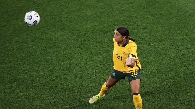 Matildas star Sam Kerr heads the ball during a match against Brazil last month. Picture: Matt King/Getty Images