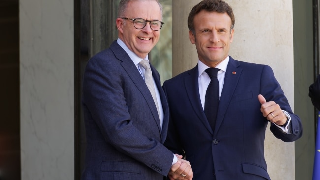 Prime Minister Anthony Albanese meets French President Emmanuel Macron for a working lunch at the presidential Elysee Palace. Picture: Getty Images.