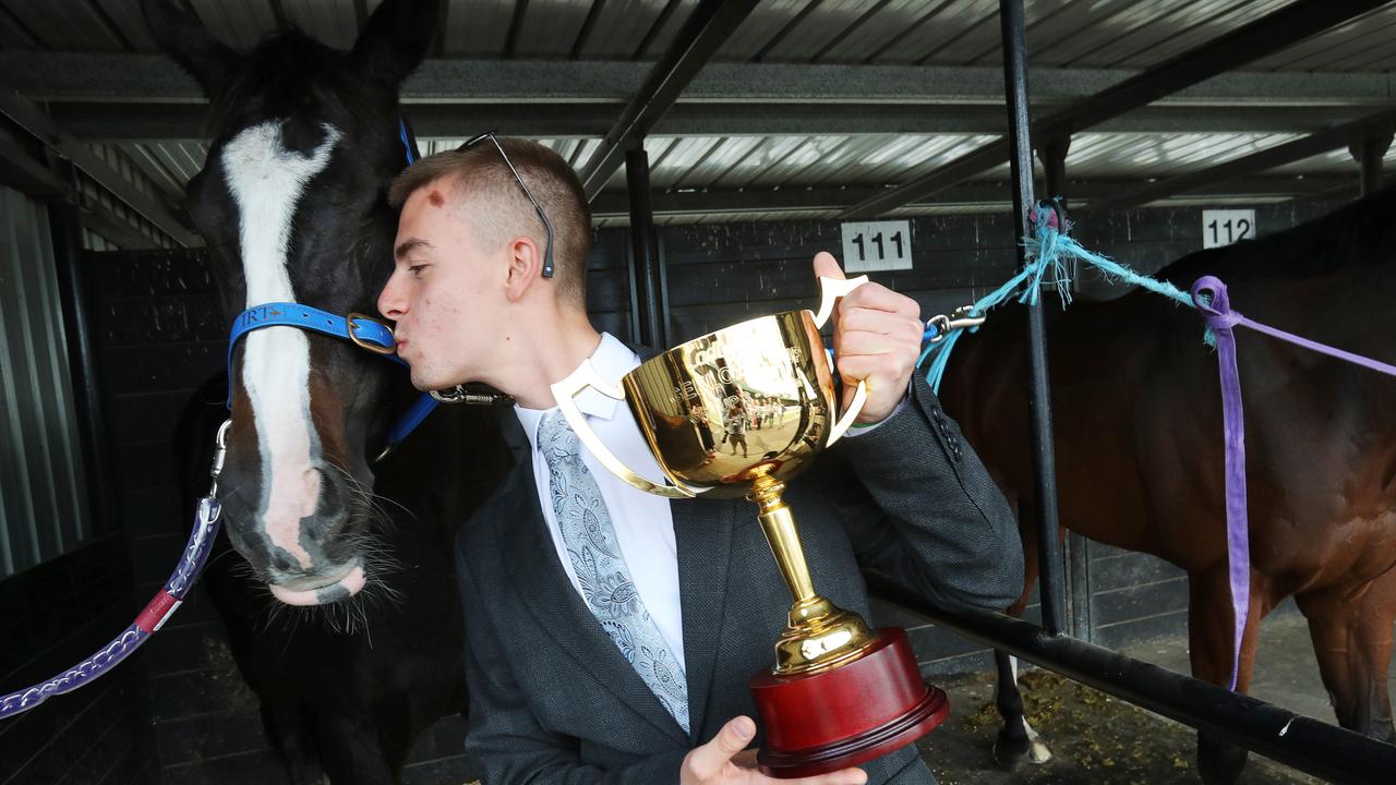 Co-owner Kieron Boyle with winning horse Onesmoothoperator. Geelong Cup connections. Picture: Alan Barber