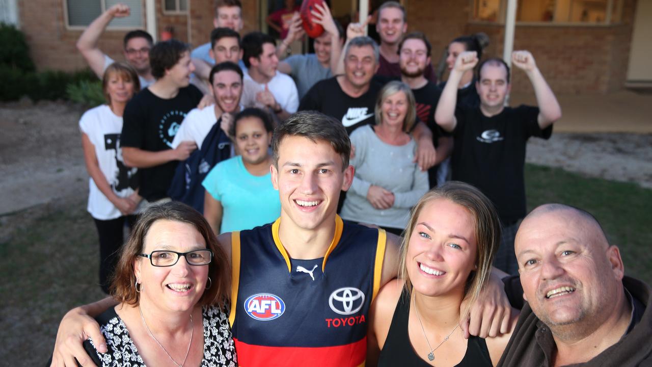 Tom Doedee with his family and friends after being drafted by the Crows in 2015. Picture: Peter Ristevski