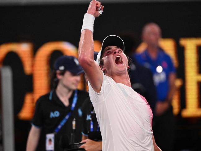 Brazil's Joao Fonseca celebrates beating Russia's Andrey Rublev.