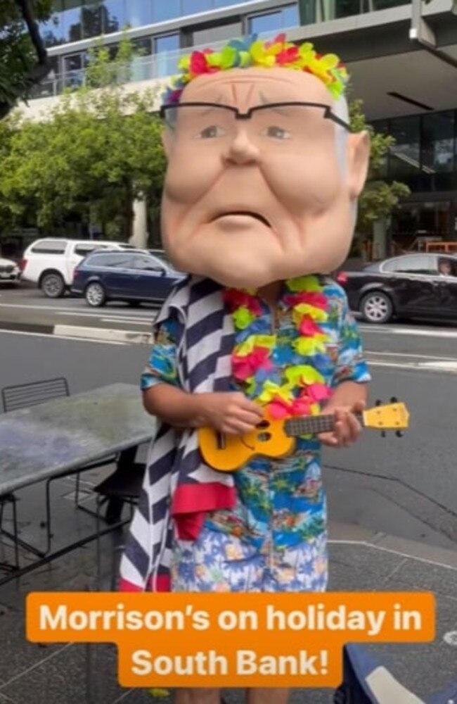 Scott Morrison is in Brisbane today, where he will be greeted by a lifesized effigy of himself in a Hawaiian shirt