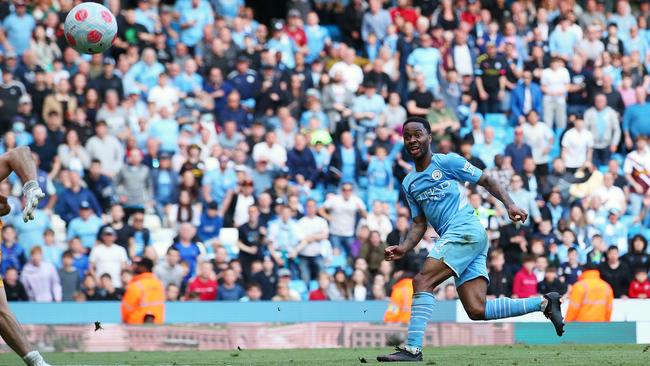 Raheem Sterling puts another in the back of the net. (Photo by Alex Livesey/Getty Images)