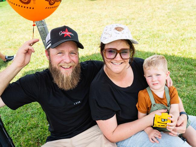 Luke and Ellie Harbeck with son Teddy at Wellcamp Airport 10th anniversary community day, Sunday, November 10, 2024. Picture: Kevin Farmer