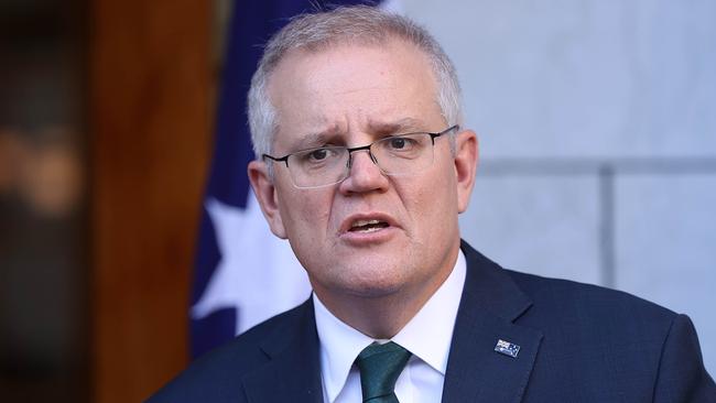 Prime Minister Scott Morrison announcing that the Moderna vaccine has been approved in Australia. Picture: NCA NewsWire / Gary Ramage