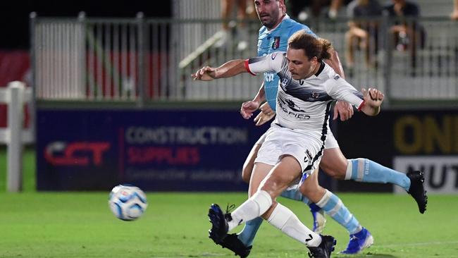 Magpies Crusaders Ezra Kennell takes a shot at the Brisbane City goal. Picture: Tony Martin