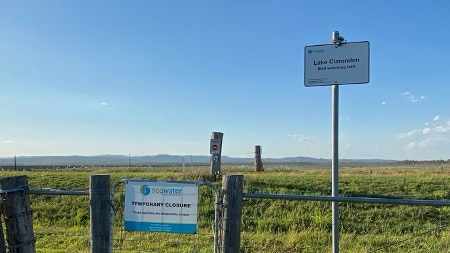 SEQ Water sign saying Lake Clarendon Dam is closed, despite its website advertising the area for recreation. Photo: Hugh Suffell