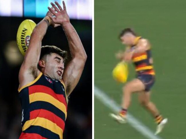 Josh Rachele braces for contact that wasn't there. Photo: Fox Footy.