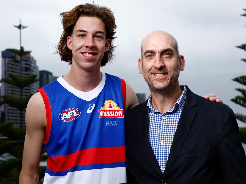 Jordan Croft with his dad, former Bulldog Matthew. Picture: Michael Willson/AFL Photos via Getty Images