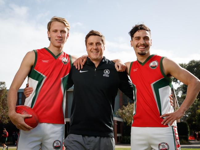 Henley High School student Jack Lukosius, school football coach Ben Kane and student Izak Rankine. Photo: Matt Turner