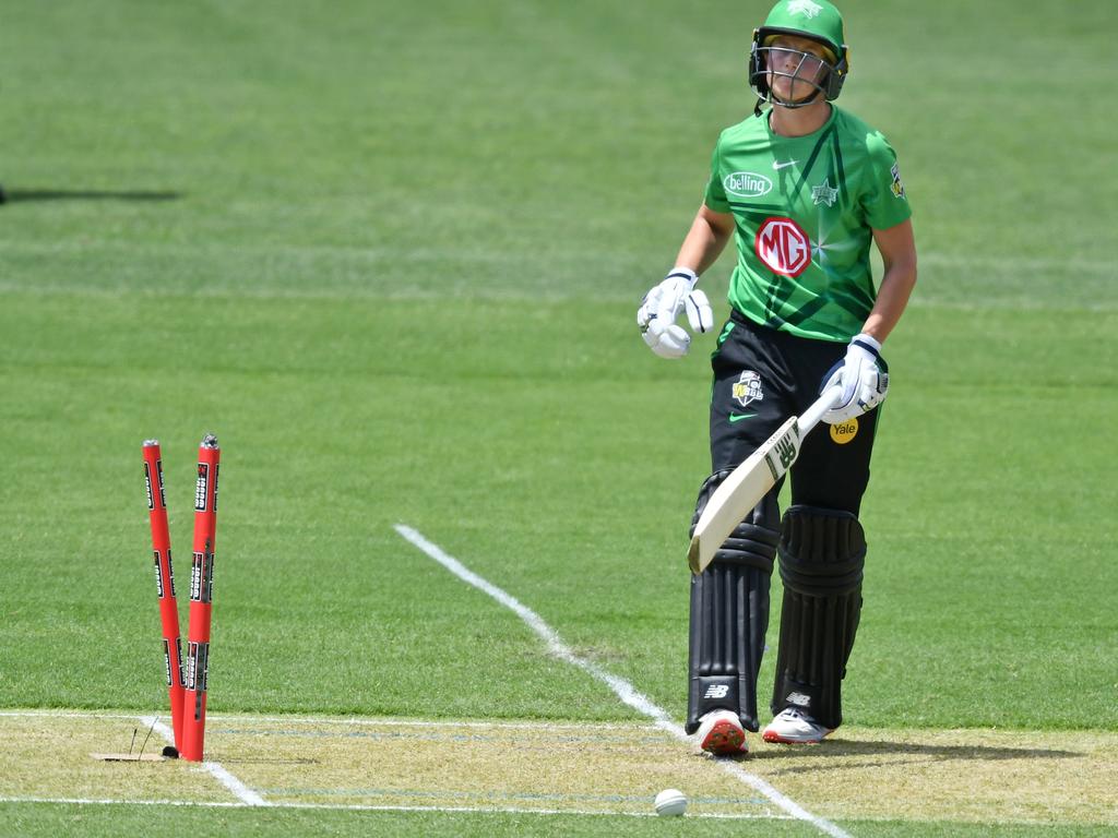 Meg Lanning of the Melbourne Stars reacts to being bowled by Ella Hayward of the Melbourne Renegades. Picture: GETTY IMAGES