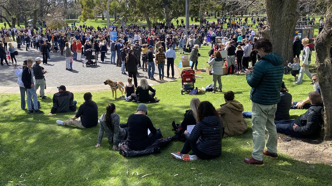 Hundreds of people gathered in Rundle Park for a protest against public health orders and the Covid vaccine. Picture: Kathryn Birmingham