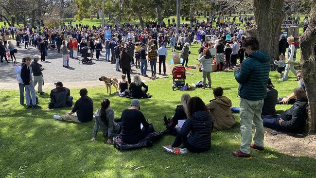 Hundreds of people gathered in Rundle Park for a protest against public health orders and the Covid vaccine. Picture: Kathryn Birmingham