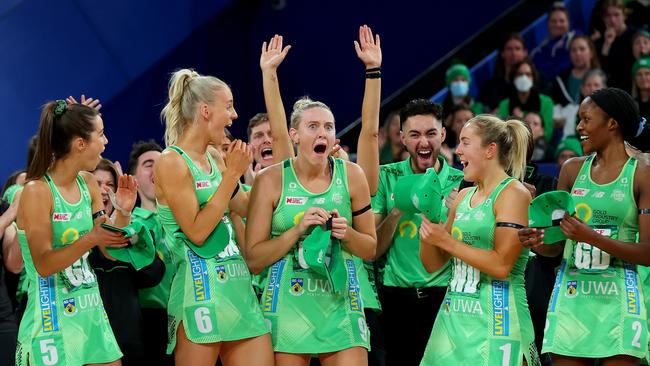 Sasha Glasgow of the Fever reacts after being announced as the MVP of the Super Netball Grand Final. Picture: Getty Images