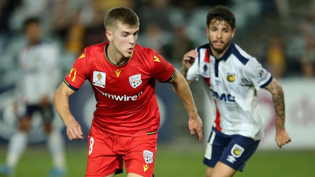 Adelaide United’s Riley Mcgree during last week’s 2-1 FFA Cup semi final win over Central Coast where he kicked the winning goal. Picture: Ashley Feder/Getty Images