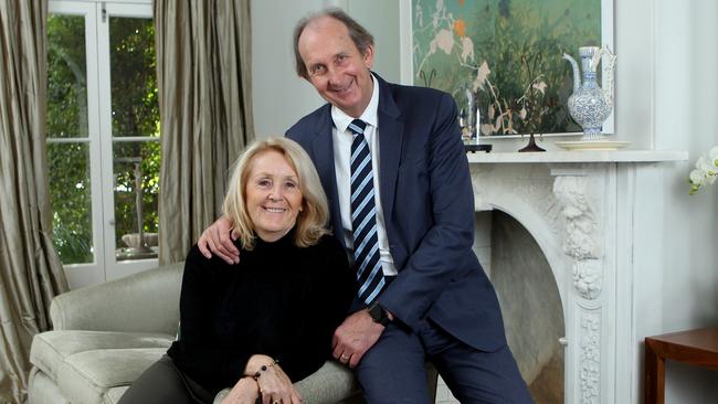 Australian business and financial commentator Peter Switzer with his wife Maureen Jordan at their home in Woollahra. Hollie Adams/The Australian