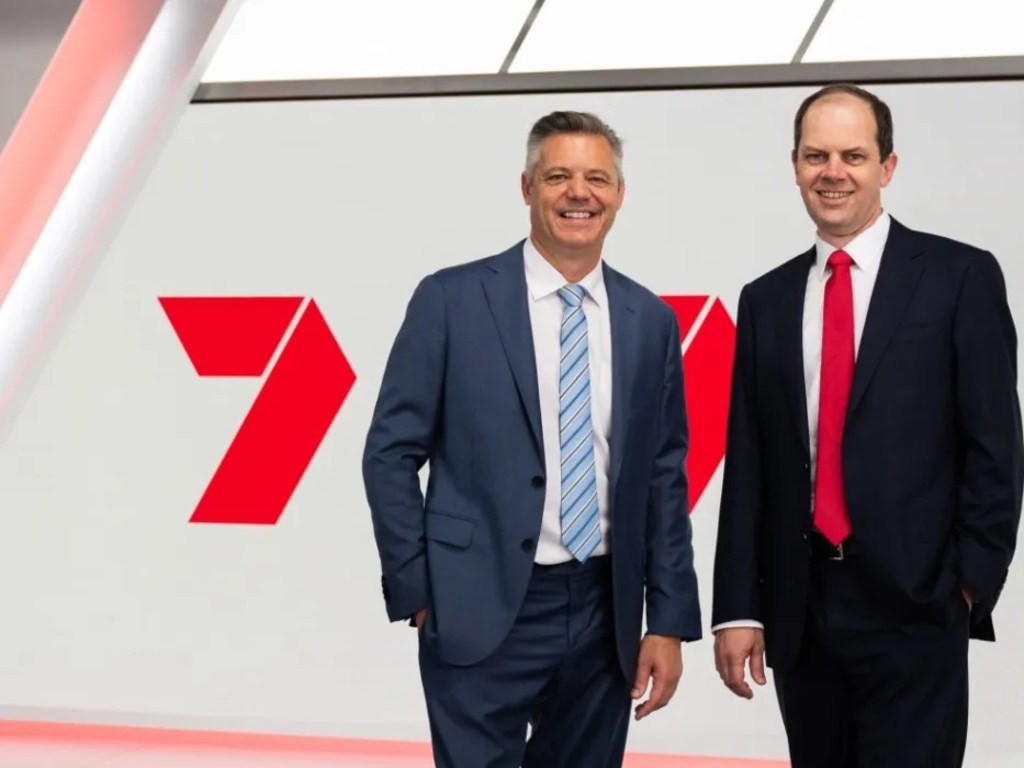 Incoming Seven CEO Jeff Howard (right) with outgoing boss James Warburton (left). Picture: Seven