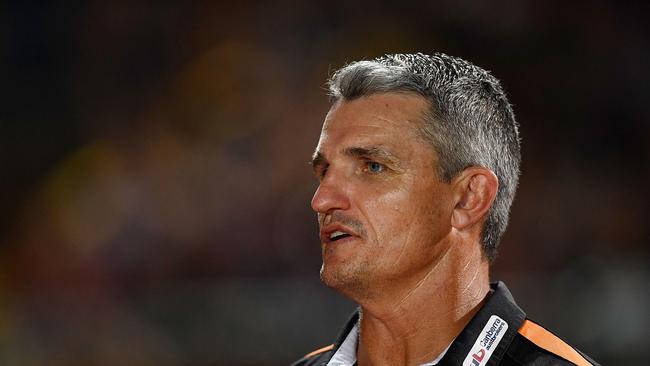 CAIRNS, AUSTRALIA — FEBRUARY 17: Tigers coach Ivan Cleary looks on before the start of the NRL trial match between the North Queensland Cowboys and the Wests Tigers at Barlow Park on February 17, 2018 in Cairns, Australia. (Photo by Ian Hitchcock/Getty Images)