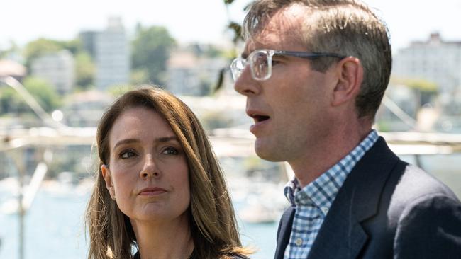 NSW Premier Dominic Perrottet speaks to the media along with Liberal Party candidate for Vaucluse Kellie Sloane. Picture: Flavio Brancaleone