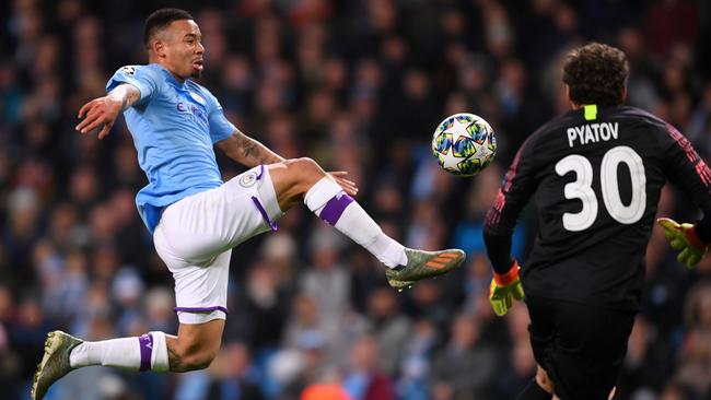 Gabriel Jesus of Manchester City controls the ball in the air as Andriy Pyatov of Shakhtar Donetsk attempts to save during the UEFA Champions League group C match between Manchester City and Shakhtar Donetsk at Etihad Stadium on November 26, 2019 in Manchester, United Kingdom. Picture: Getty Images