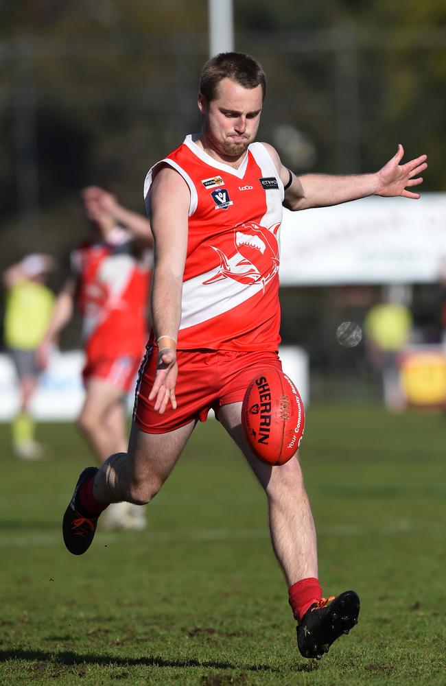 Sorrento forward Leigh Poholke slots a goal in the 2017 grand final. Picture: Chris Eastman