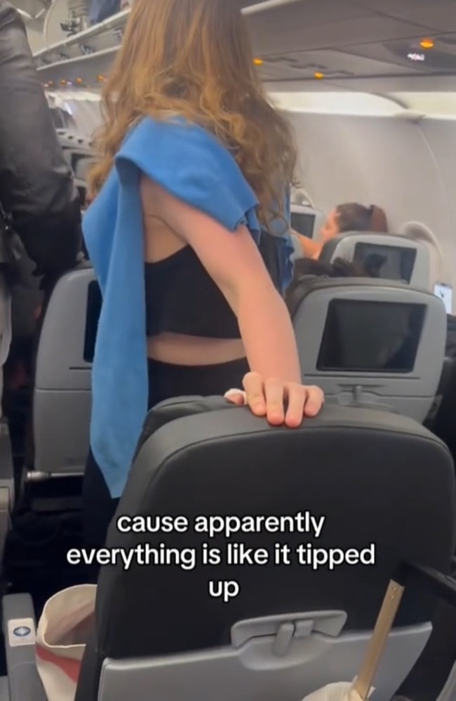 Passengers were in the middle of disembarking a budget US plane, JetBlue, when the nose of the aircraft suddenly tipped up into the air, leaving many shocked and confused. Picture: TikTok/sineadbovell
