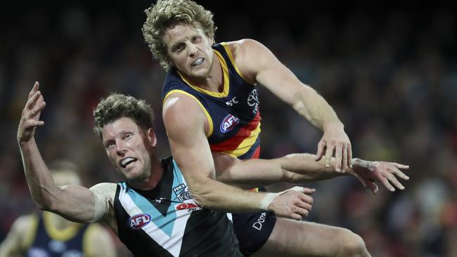 Rory Sloane and Brad Ebert in another epic Showdown clash. Picture: Sarah Reed