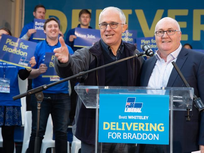 Prime Minister Malcolm Turnbull and Liberal candidate Brett Whiteley at his official campaign launch for the Braddon by-election. Picture: GRANT WELLS