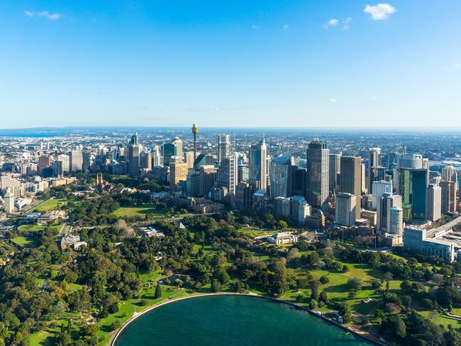 Aerial view Sydney Central Business Districs and Royal Botanic Gardens. View on Sydney harbourside suburbs from above. Aerial view on Sydney harbourside, Sydney CBD, Sydney Royal Botanic Gardens