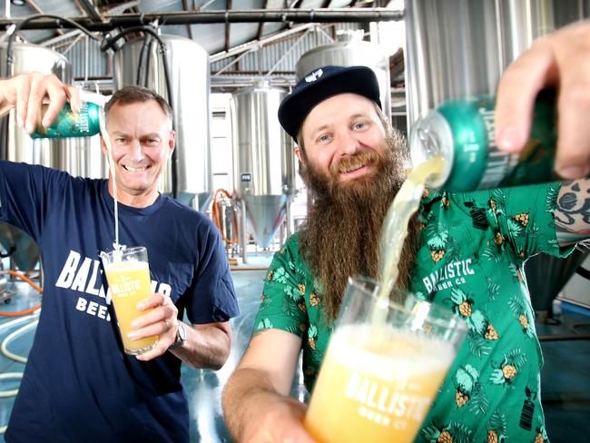 L to R,  David Kitcher CEO, and Lachy Crothers Head Brewer, with their Hawaiian Haze Pale Ale, in the Salisbury brewery Ballistic, how popular beer festival Great Australasian Beer SpecTAPular is coming to the Gold and Sunshine Coasts in January - making it one of the first proper food and drink events to be held post-COVID, Salisbury , on Tuesday November 10th, 2020 -Photo Steve Pohlner