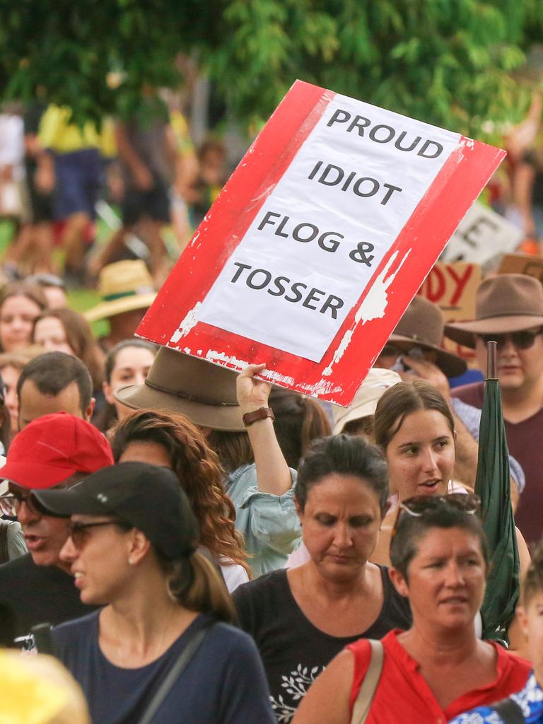 Protesters congregate at the Cenotaph at a Free in the NT march in Darwin. Picture: Glenn Campbell