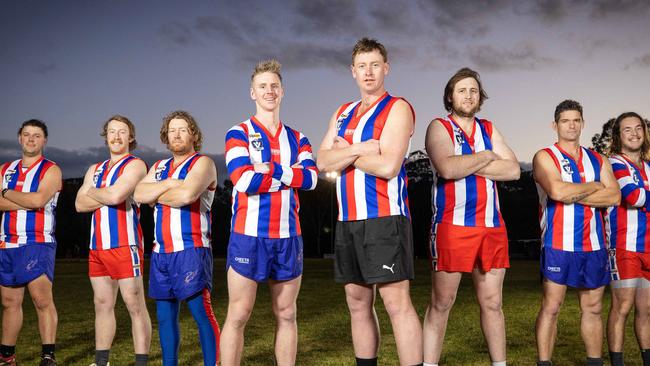 Lindenow South players in the lead-up to last year’s finals series which was cancelled due to Covid. From left, Mel Irish, Mitch Neal, Robbie O’Keefe, Nathan Pollard (coach), Sam Howden, Brad Pedder, Jarrett Callaway and Harry Page. They are all still with the club this year. Picture: Mark Stewart