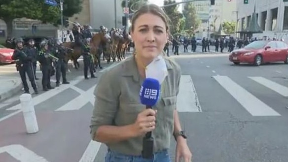 Lauren Tomasi during her live cross from the Los Angeles protests. Picture: Channel 9