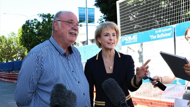 Minister for Skills and Vocational Education Senator Michaelia Cash and Leichhardt MP Warren Entsch make an apprentice subisty announcement at the Fynn Hotel construction site on the Cairns Esplanade. Picture: PETER CARRUTHERS