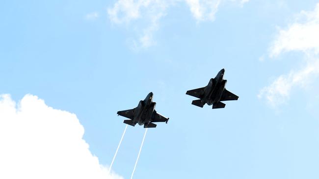 Fly overs by the F-35A Lightning II at the 81st commemoration of the Bombing of Darwin held at the cenotaph on the esplanade. Picture: (A) manda Parkinson