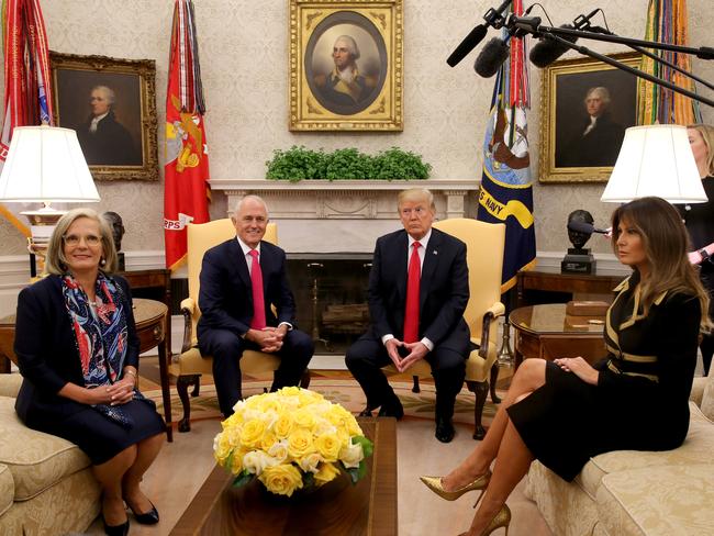 Lucy and Malcolm Turnbull meet with Donald and Melania Trump inside the Oval Office. Picture: Nathan Edwards