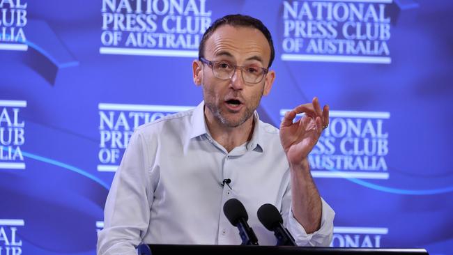 Australian Greens leader Adam Bandt addresses the National Press Club in Canberra.