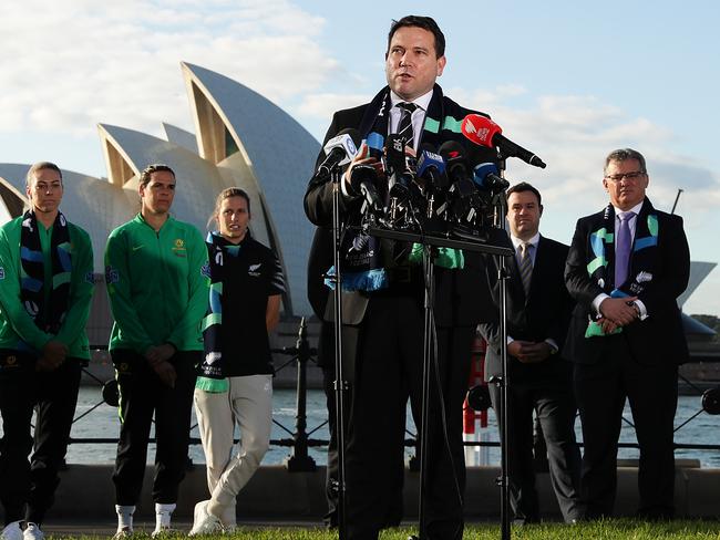SYDNEY, AUSTRALIA - JUNE 26: Football Federation Australia Chief Executive Officer James Johnson speaks to the media during a media opportunity following the successful bid for Australia & New Zealand to host the 2023 FIFA Women's World Cup, at Hickson Road Reserve, The Rocks on June 26, 2020 in Sydney, Australia. (Photo by Mark Metcalfe/Getty Images)